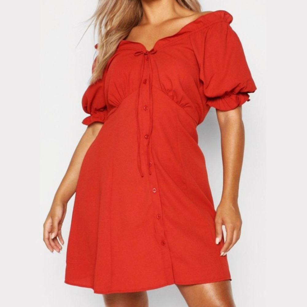 Ruffle button down off shoulder dress (Boohoo)